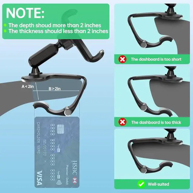 Alt view image 2 of 6 - Phone Mount for Car Dashboard 360 Degree Rotation Universal Cell Phone Holder for Car Clip Mount Stand Suitable for 4 to 7 Smartphones (Standard Black)