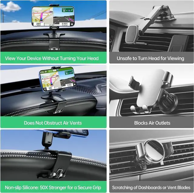 Alt view image 4 of 6 - Phone Mount for Car Dashboard 360 Degree Rotation Universal Cell Phone Holder for Car Clip Mount Stand Suitable for 4 to 7 Smartphones (Standard Black)