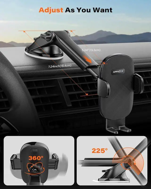 Alt view image 3 of 7 - Car Phone Holder Mount Dashboard/Windshield/Cell Phone Holder for Car Compatible with iPhone  All Phones Black