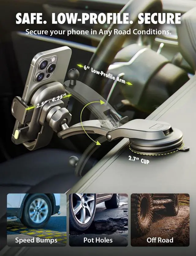 Alt view image 7 of 7 - OneClick Dashboard Cell Phone Holder for Your Car Universal Car Phone Mount with Suction Cup 360 Rotation Dash Mount Cell Phone Holder for iPhone  Google  Other Smartphones