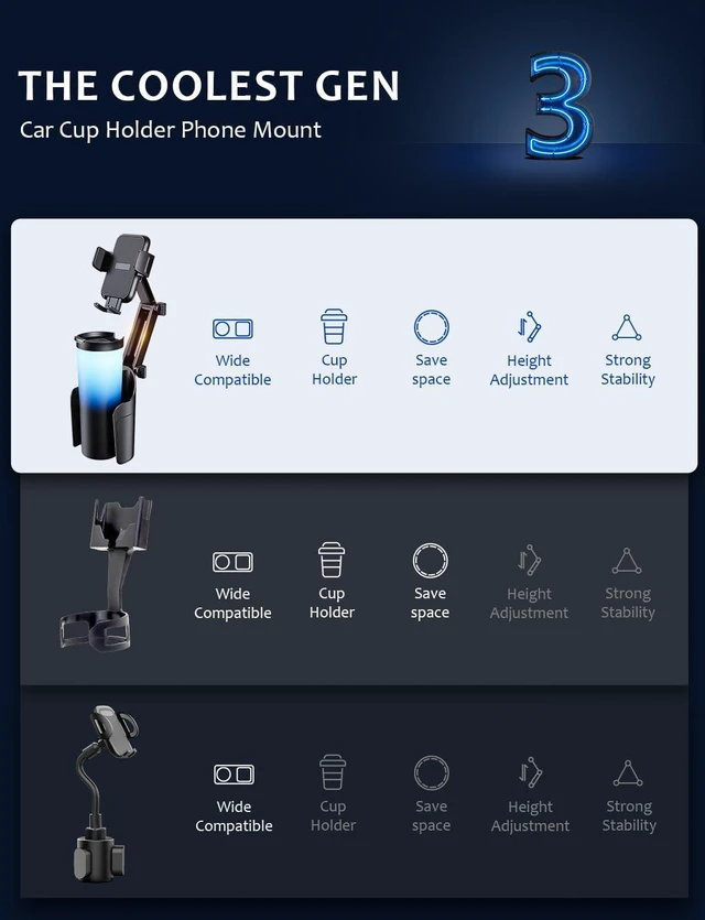 Alt view image 2 of 6 - Cup Holder Phone Mount for Car, Tryone 2 in 1 Newest Phone Holder Car Cupholder Adjustable Long Neck Universal Cupholder Cell Phone Holder Cradle for iPhone, Samsung, Google and All Phones (Black)