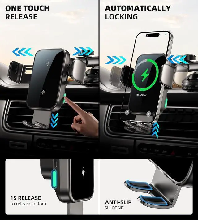 Alt view image 6 of 7 - Dual Coil 15W Car Phone Holder (Not Easy to Disconnect) Wireless Car Charger -Auto Clamping- Charging Phone Holders for Your Car Dash Vent Windshield for Flip S24/S23/S22/S21 iPhone Series