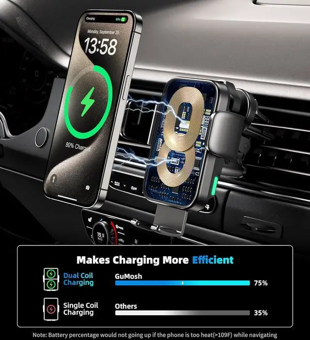Alt view image 3 of 7 - Dual Coil 15W Car Phone Holder (Not Easy to Disconnect) Wireless Car Charger -Auto Clamping- Charging Phone Holders for Your Car Dash Vent Windshield for Flip S24/S23/S22/S21 iPhone Series