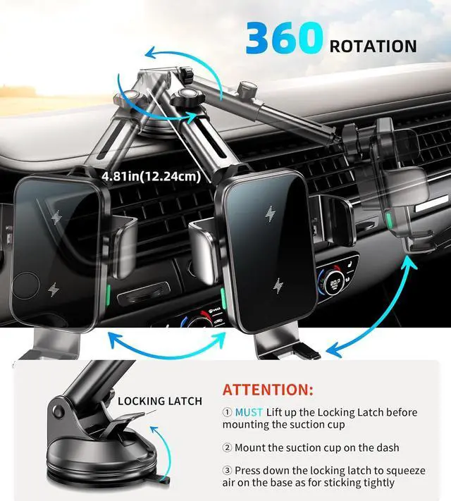 Alt view image 5 of 7 - Dual Coil 15W Car Phone Holder (Not Easy to Disconnect) Wireless Car Charger -Auto Clamping- Charging Phone Holders for Your Car Dash Vent Windshield for Flip S24/S23/S22/S21 iPhone Series