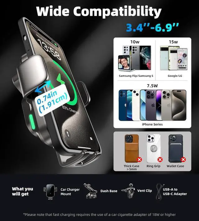 Alt view image 7 of 7 - Dual Coil 15W Car Phone Holder (Not Easy to Disconnect) Wireless Car Charger -Auto Clamping- Charging Phone Holders for Your Car Dash Vent Windshield for Flip S24/S23/S22/S21 iPhone Series