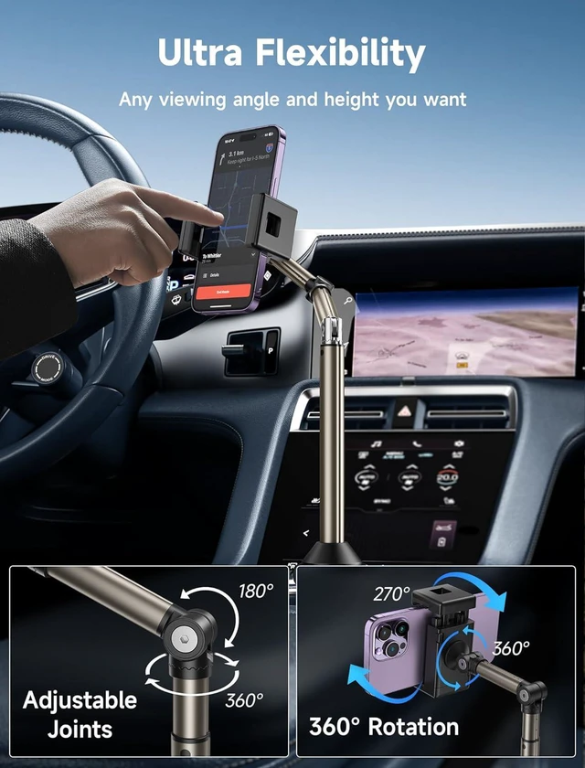Alt view image 3 of 7 - JSAUX Car Cup Holder Cellphone Mount, Metal Long-Arm Ultra Stable Phone Holder for Car Cupholders - Adjustable for iPhone 16 15 Pro Max 13 12 11, Samsung Galaxy S24 S23 Ultra, Google Pixel 9 Pro