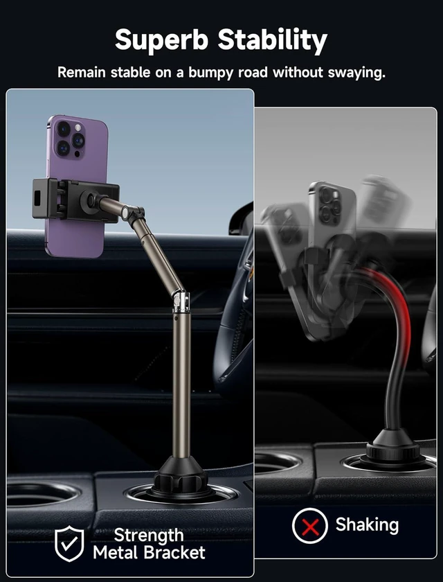 Alt view image 6 of 7 - JSAUX Car Cup Holder Cellphone Mount, Metal Long-Arm Ultra Stable Phone Holder for Car Cupholders - Adjustable for iPhone 16 15 Pro Max 13 12 11, Samsung Galaxy S24 S23 Ultra, Google Pixel 9 Pro