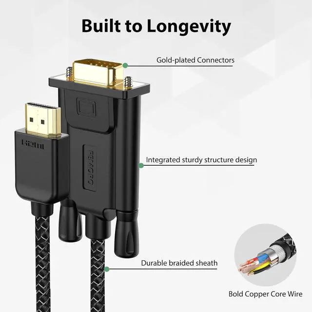 Alt view image 7 of 7 - HDMI to VGA Cable 6 Feet Male to Male Nylon Braided Cord 1080P@60Hz for Monitor Computer Desktop Laptop PC Projector HDTV Xbox Raspberry Pi  (UniDirectional)