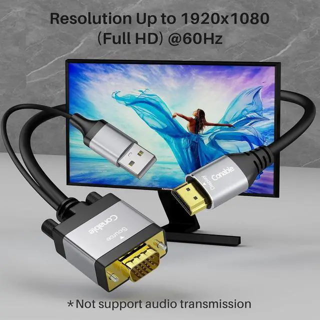 Alt view image 3 of 7 - VGA to HDMI Cable 6 FT with USB Power Supply Real 1080P@60Hz Video Output Unidirectional Cable from VGA Computer/Laptop to HDMI Monitor/TV/Projector (Not Supporting Audio)
