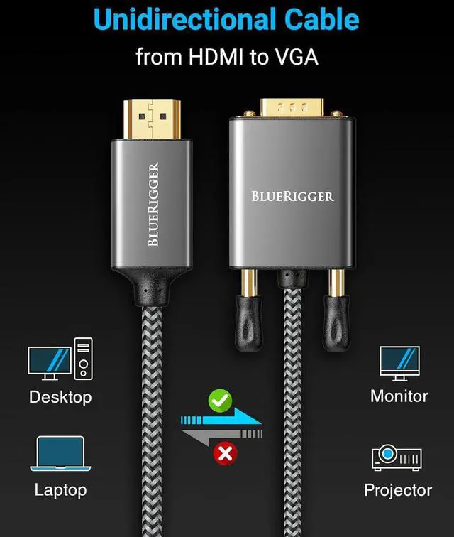 Alt view image 4 of 7 - HDMI to VGA Cable 6FT (Unidirectional 1080P 60Hz HDMI Adapter for Monitor Male to Male HDMI Source to VGA Display) - Compatible with Desktop Laptop PC Monitor Projector HDTV