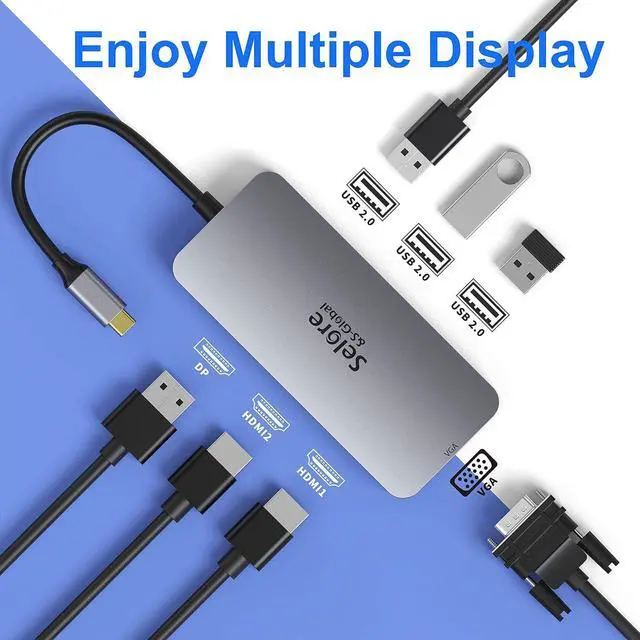 Alt view image 2 of 6 - USB C to Dual HDMI Adapter 7 in 1 USB C Docking Station to Dual HDMI Displayport VGA USB to 3USB 2.0 Multi Monitor Adapter for  XPS 13 15  Yoga  Matebook X pro etc