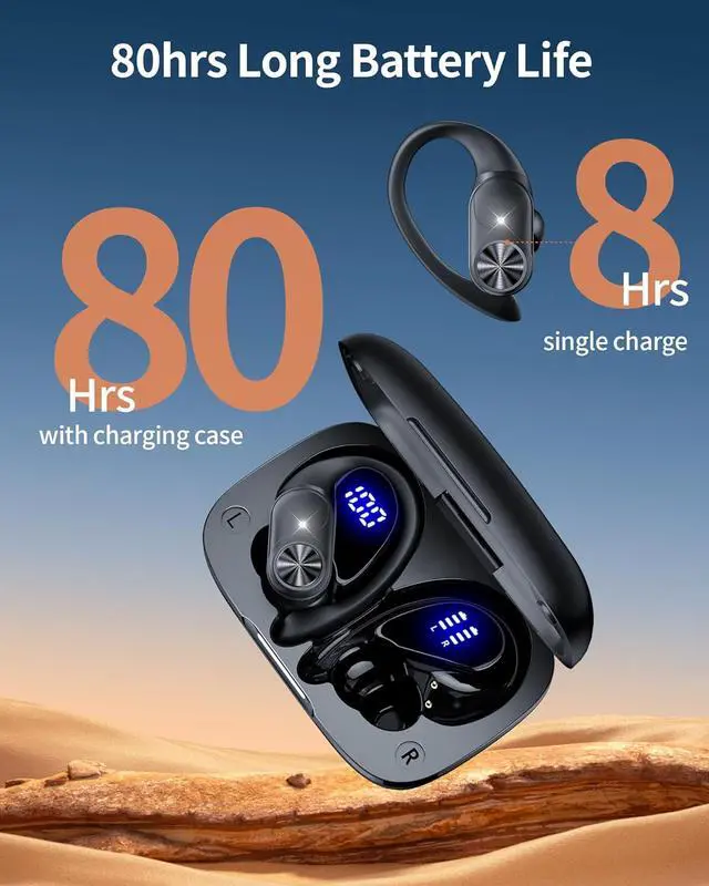 Alt view image 2 of 6 - Bluetooth Headphones Wireless Earbuds 80hrs Playtime Wireless Charging Case Digital Display Sports Ear Buds with Earhook Deep Bass IPX7 Waterproof Over-Ear Earphones for TV Phone Laptop Black