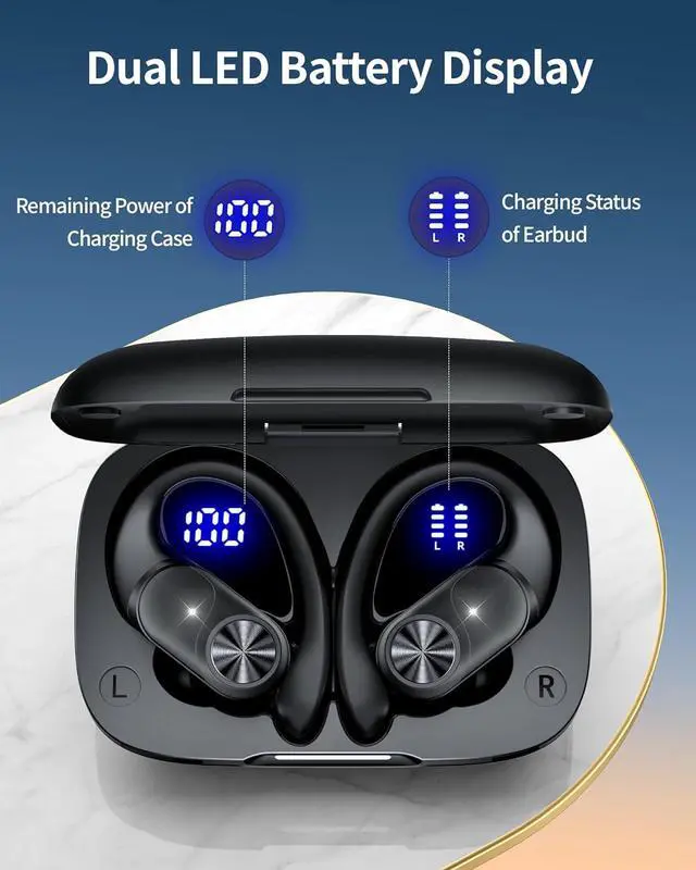 Alt view image 3 of 6 - Bluetooth Headphones Wireless Earbuds 80hrs Playtime Wireless Charging Case Digital Display Sports Ear Buds with Earhook Deep Bass IPX7 Waterproof Over-Ear Earphones for TV Phone Laptop Black