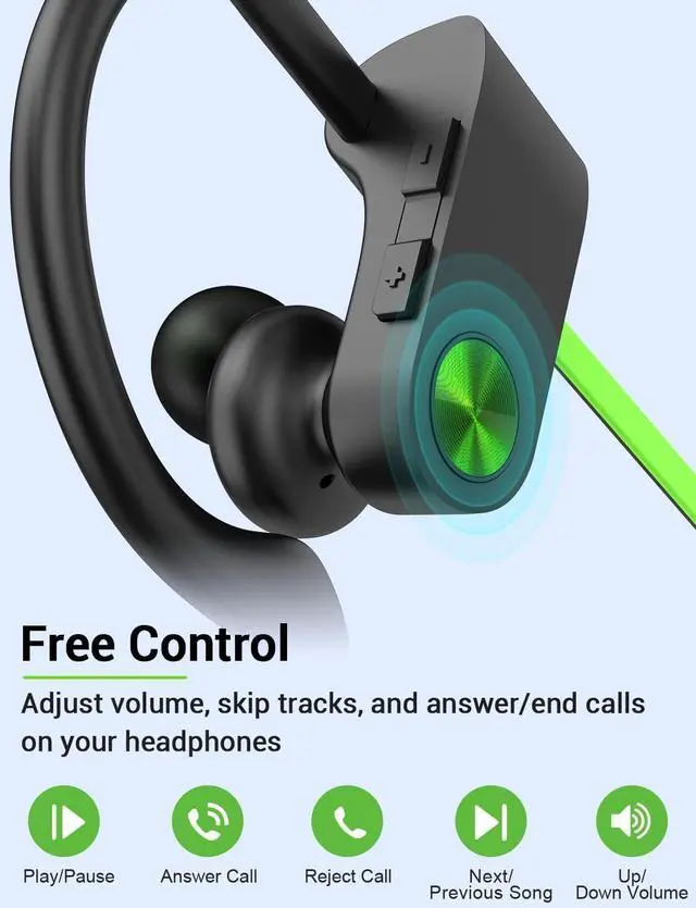 Alt view image 4 of 7 - Bluetooth Headphones 5.3 Wireless Sports Earbuds IPX7 Waterproof with Mic Stereo Sweatproof in-Ear Earphones Noise Cancelling Headsets for Gym Running Workout 16 Hours Playtime - GreenBlack