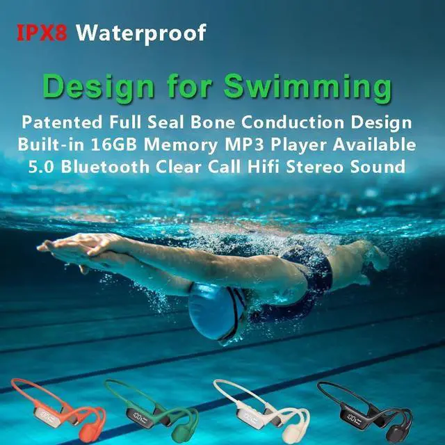 Alt view image 3 of 6 - HAO Swimming Headphones True Bone Conduction Open Ear Headset MP3 Player Built-in 32G Memory IP68 Underwater Waterproof Stereo Bluetooth Earphone for Driving Bicycling Running Skiing