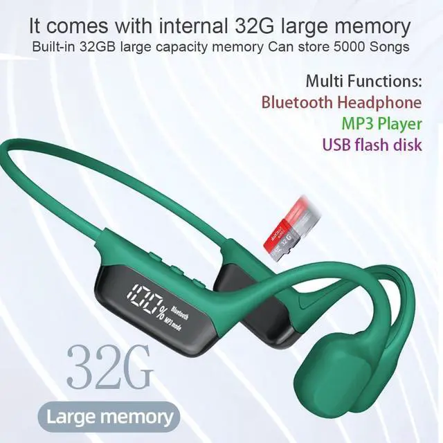 Alt view image 2 of 7 - Swimming Headphones Bone Conduction Open Ear Headset MP3 Player Built-in 32G Memory IP68 Underwater Waterproof Stereo Bluetooth Earphone LED Screen for Driving Bicycling Running Skiing-S10 Green