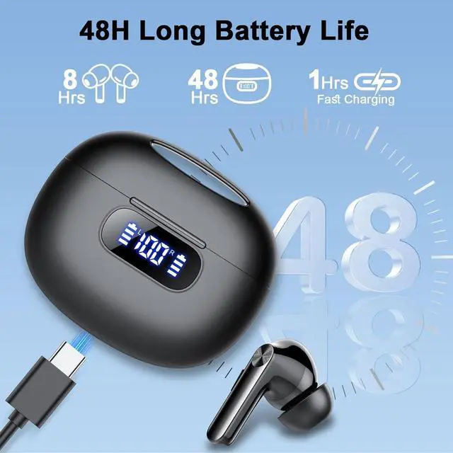 Alt view image 4 of 7 - Wireless Earbuds Bluetooth 5.3 Headphones LED Power Display 2025 New Wireless Earphones 4 ENC Noise Cancelling Mic HiFi Stereo 48H Playtime Mini Case IP7 Waterproof for Sport Walk