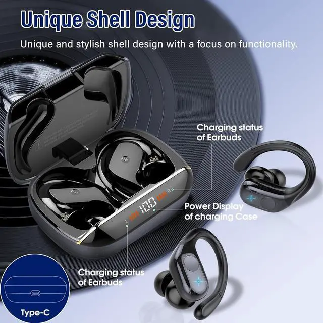 Alt view image 5 of 7 - Wireless Earbuds Bluetooth 5.4 Headphones 75H Stereo Deep Bass Sports Over Ear Buds with Earhooks LED Display Bluetooth Earbuds with 4 ENC Mic IP7 Waterproof Earphone for Running Black