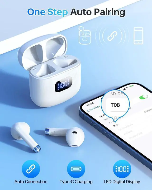 Alt view image 2 of 6 - Wireless Earbuds Bluetooth 5.3 Headphones 40Hrs Playback Stereo Ear Buds with LED Display Charging Case IPX7 Waterproof in-Ear Earphones with Mic for Phone Tablet Laptop Sports White