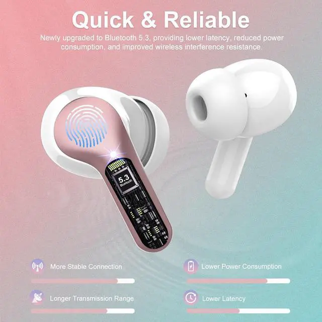 Alt view image 2 of 7 - Wireless Earbuds Bluetooth 5.4 Headphones HiFi Stereo Bluetooth Earbuds with ENC Noise Cancelling Mic IP7 Waterproof in Ear Earphones 48H LED Display Ear buds for Pad Workout Sports Rose Gold