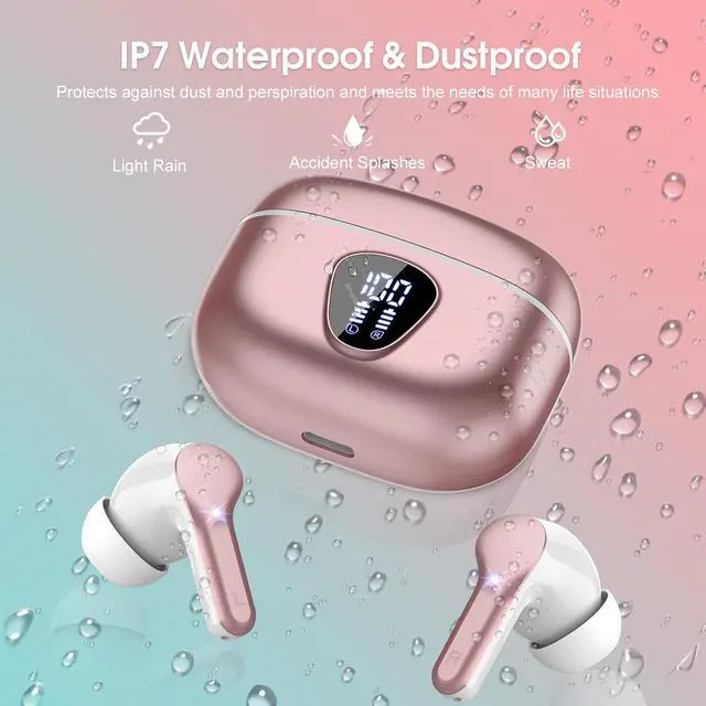 Alt view image 5 of 7 - Wireless Earbuds Bluetooth 5.4 Headphones HiFi Stereo Bluetooth Earbuds with ENC Noise Cancelling Mic IP7 Waterproof in Ear Earphones 48H LED Display Ear buds for Pad Workout Sports Rose Gold