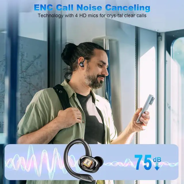 Alt view image 4 of 7 - Wireless Earbuds Sport Bluetooth 5.4 Headphones with Earhook 2025 Hi-Fi Stereo Over Ear Buds 50H Earphones with 4 ENC Noise Canceling Mics IP7 Waterproof Headset for Running Workout (Android/iOS)