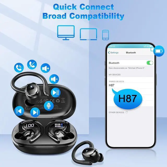 Alt view image 7 of 7 - Wireless Earbuds Sport Bluetooth 5.4 Headphones with Earhook 2025 Hi-Fi Stereo Over Ear Buds 50H Earphones with 4 ENC Noise Canceling Mics IP7 Waterproof Headset for Running Workout (Android/iOS)