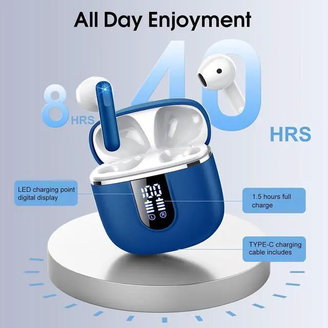 Alt view image 4 of 7 - Wireless Earbuds 2025 Bluetooth 5.4 Headphones in Ear Buds 3D Bass Stereo 40H Ultralight Bluetooth Earbuds with 4 ENC Noise Cancelling Mic USB-C IP7 Waterproof Earphones for Android iOS Pad Blue