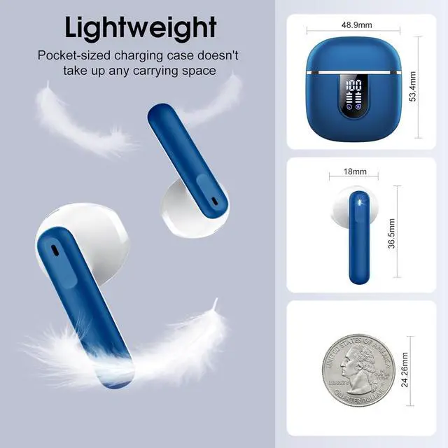 Alt view image 6 of 7 - Wireless Earbuds 2025 Bluetooth 5.4 Headphones in Ear Buds 3D Bass Stereo 40H Ultralight Bluetooth Earbuds with 4 ENC Noise Cancelling Mic USB-C IP7 Waterproof Earphones for Android iOS Pad Blue