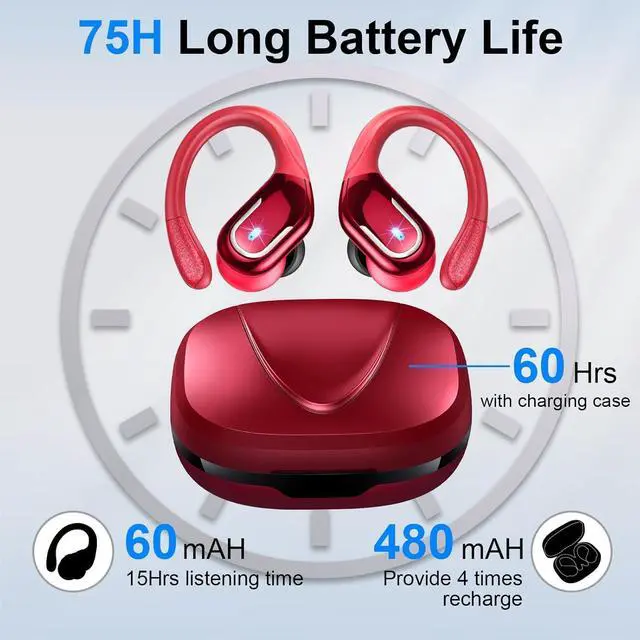 Alt view image 2 of 6 - Wireless Earbud 75Hrs Bluetooth 5.4 Headphones IP7 Waterproof for Sport Running Wireless Earphones with ENC Noise Canceling Mics Deep Bass Over Ear bud with Earhooks for Android iOS Workout Gym
