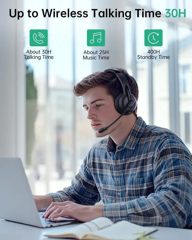 Alt view image 6 of 7 - Wireless Headset with Mic for Work with AI Noise Cancelling Mic for Clear Calls Bluetooth V5.3 Headphones with Microphone to USB A/C Dongle & Mic Mute for Computer Laptop PC iPhone (Black)