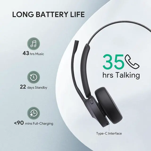 Alt view image 3 of 7 - BH70 UC (NO Dongle) Wireless Bluetooth Headset with Microphone for Work, 35h Talking Battery Life, 3-Mic Noise Cancellation Headsets for Computer, 91g Lightweight Headphone for Open Office