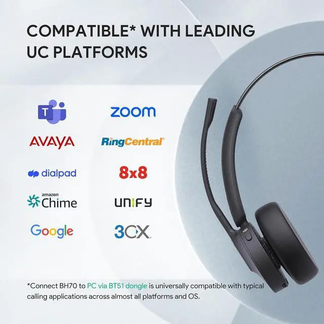 Alt view image 6 of 7 - BH70 UC (NO Dongle) Wireless Bluetooth Headset with Microphone for Work, 35h Talking Battery Life, 3-Mic Noise Cancellation Headsets for Computer, 91g Lightweight Headphone for Open Office