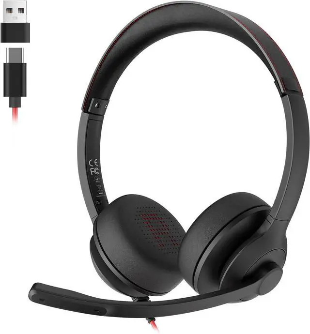 Main image of USB Headset with Microphone for PC/Laptop Wired Headphones with Noise Cancelling Mic USB C & USB A All-day Comfort Lightweight Computer Headset for Home Office Call Center School Remote Work