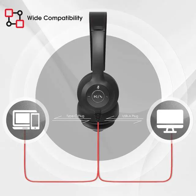 Alt view image 6 of 7 - USB Headset with Microphone for PC/Laptop Wired Headphones with Noise Cancelling Mic USB C & USB A All-day Comfort Lightweight Computer Headset for Home Office Call Center School Remote Work