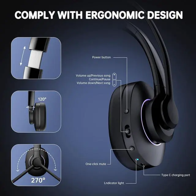 Alt view image 6 of 7 - Wireless Headset with Mic for Work Headset Wireless Bluetooth V5.3 with AI Noise Cancelling Microphone with USB Dongle & Mic Mute for Computer PC Laptop Remote Work Home Office (Black)