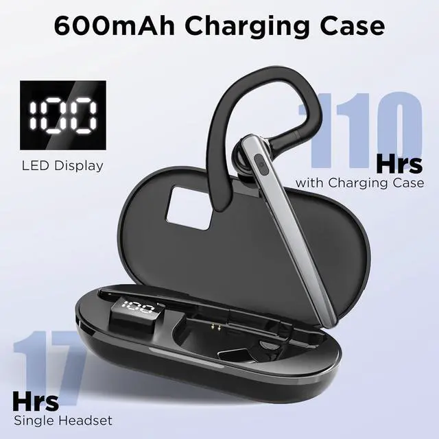 Alt view image 2 of 7 - Bluetooth Headset V5.3 Wireless Bluetooth Earpiece with 600mAh Charging Case 110H Playtime Hands Free Headset for Cell Phone and Computer with Built-in Microphone for Work Trucker Office