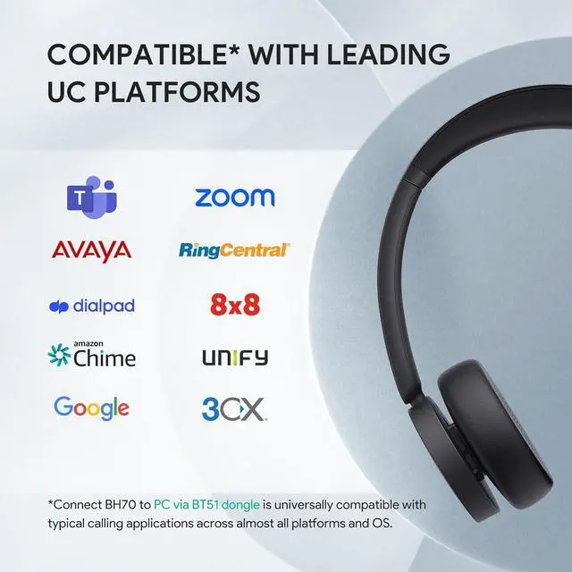 Alt view image 7 of 7 - BH70 Wireless Bluetooth Headset with Microphone for Work up to 35h Talking Battery Life 3-Mic Noise Cancellation 147g Lightweight Microsoft Teams Certified Headphone for Open Office USB-A