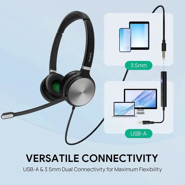 Alt view image 3 of 7 - UH36 Professional USB Headset Wired Headphones for Work Calls and Music Headset with Noise Cancelling Mic for Computer PC LaptopUC Compatible Mono 3.5mm Jack/USB Connection