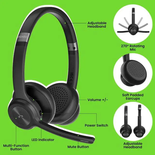 Alt view image 2 of 7 - Wireless Headset with Mic - Stereo 5.4 Bluetooth Headphones with Advanced AI Noise Cancelling Microphone for Work Home Computers & Phone Calls - Dual Connect PC Headset with Mute Button
