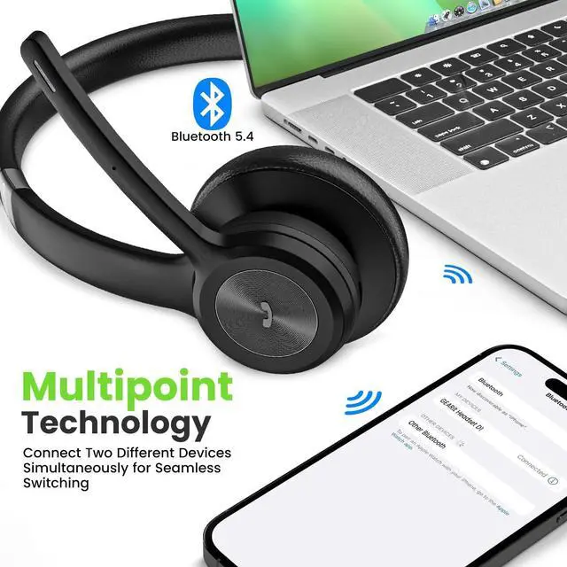 Alt view image 4 of 7 - Wireless Headset with Mic - Stereo 5.4 Bluetooth Headphones with Advanced AI Noise Cancelling Microphone for Work Home Computers & Phone Calls - Dual Connect PC Headset with Mute Button