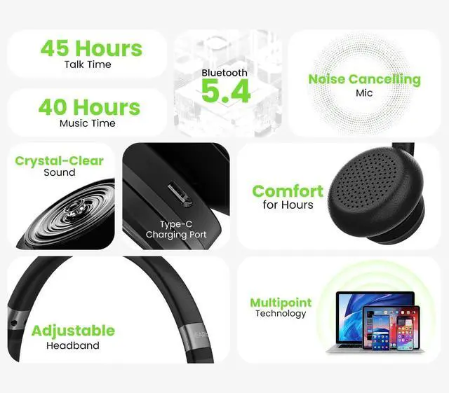 Alt view image 7 of 7 - Wireless Headset with Mic - Stereo 5.4 Bluetooth Headphones with Advanced AI Noise Cancelling Microphone for Work Home Computers & Phone Calls - Dual Connect PC Headset with Mute Button