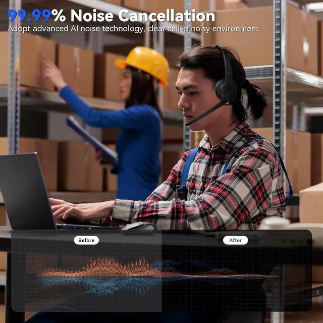Alt view image 2 of 7 - LEVN Wireless Headset with Mic for Work, Bluetooth 5.3 Headset with Microphone (AI Noise Cancelling), Wireless Headphones with Mic & Mute Button for Work from Home/PC/Call Center/Computer/Laptop/Teams