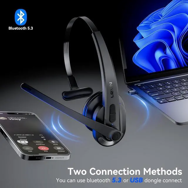 Alt view image 3 of 7 - LEVN Wireless Headset with Mic for Work, Bluetooth 5.3 Headset with Microphone (AI Noise Cancelling), Wireless Headphones with Mic & Mute Button for Work from Home/PC/Call Center/Computer/Laptop/Teams