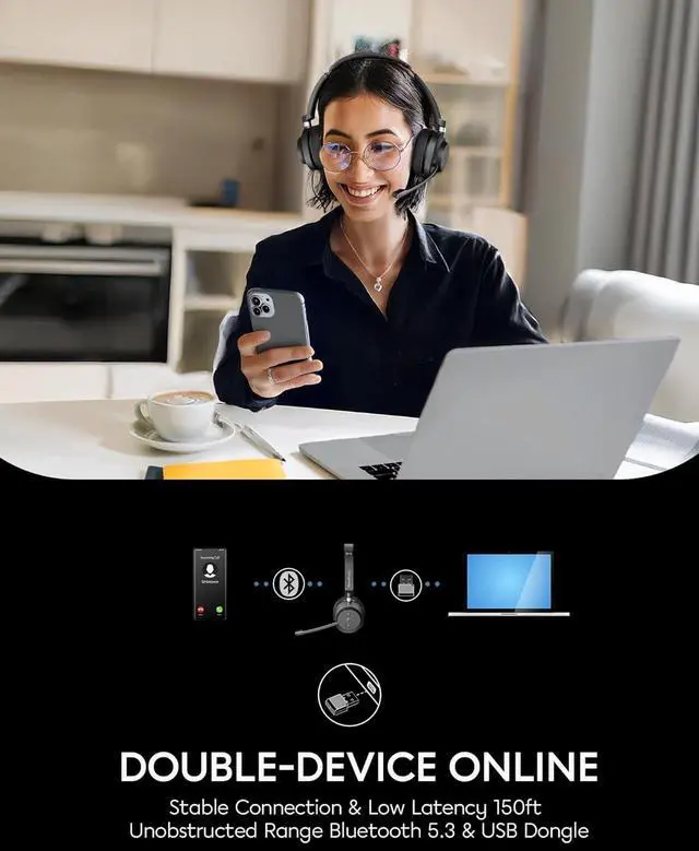 Alt view image 7 of 7 - Bluetooth Wireless Headset with Mic for Work, Comeputer Headphones for PC