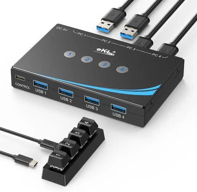 Main image of USB 3.0 Switch 4 Computers Sharing USB Peripherals 4 Port USB Switcher Sharing Mouse Keyboard Scanner Printer with 3.5mm Headset Jack Audio Out Includes 4 USB 3.0 Cables and Remote