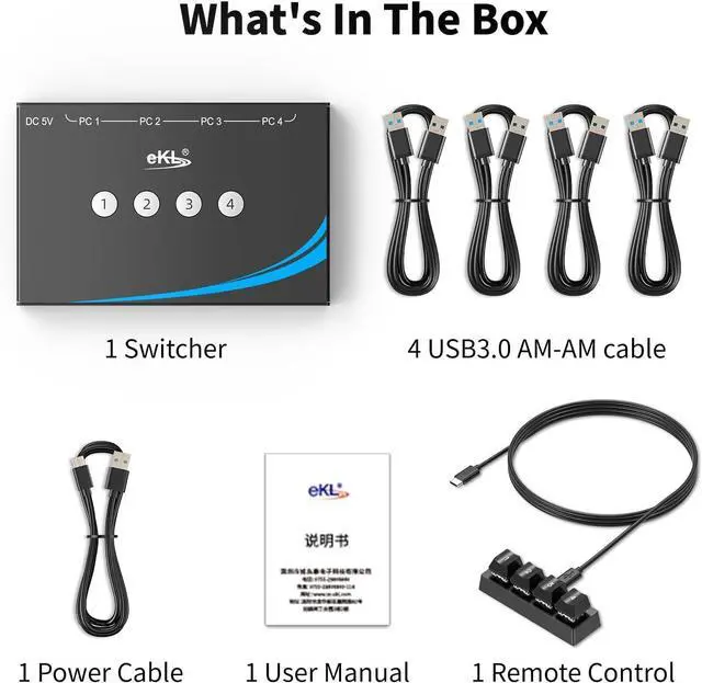 Alt view image 7 of 7 - USB 3.0 Switch 4 Computers Sharing USB Peripherals 4 Port USB Switcher Sharing Mouse Keyboard Scanner Printer with 3.5mm Headset Jack Audio Out Includes 4 USB 3.0 Cables and Remote