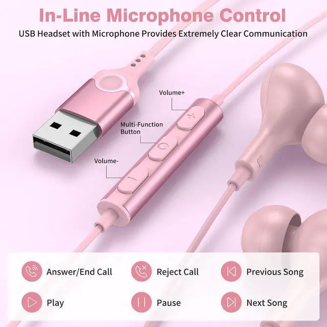 Alt view image 4 of 6 - USB Headset with Microphone for PC USB A Headphones Computer 7.5FT Cord Magnetic in-Ear Earbuds Audio Control Mute Function for Laptop Desktop Notebook Headset for Office Live Broadcast Gaming