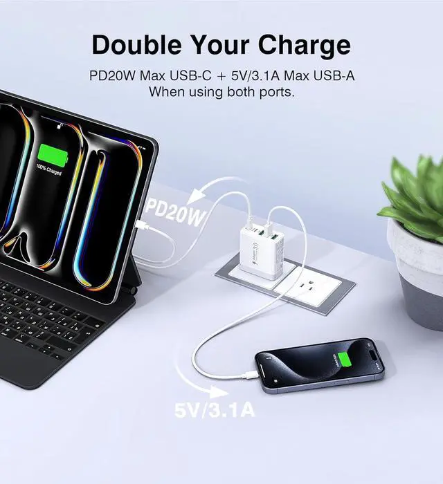 Alt view image 5 of 7 - [2-Pack] USB C Wall Charger 50W Fast USB C Charger Block 5-Port PD Power Adapter + QC Wall Plug Multiport Type C Charging Block Cube Compatible with iPhone 16 15 14 13 12 11 Pro Max XR XS Tablets