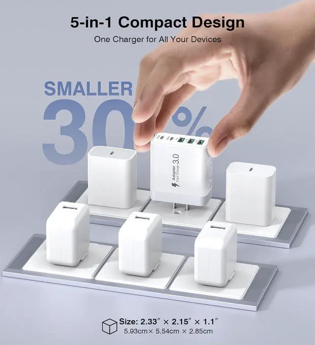 Alt view image 7 of 7 - [2-Pack] USB C Wall Charger 50W Fast USB C Charger Block 5-Port PD Power Adapter + QC Wall Plug Multiport Type C Charging Block Cube Compatible with iPhone 16 15 14 13 12 11 Pro Max XR XS Tablets
